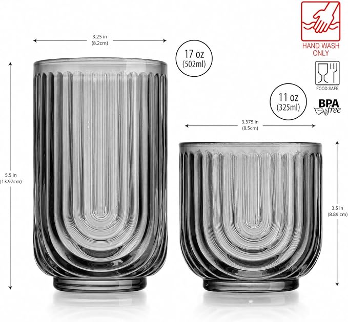 16 Piece Smoke Glassware Set, Beautiful Art Deco Black Drinking Glasses, Ribbed U-Shape Design, 8 Highball 17oz and 8 Whiskey 11oz DOF Handwash Only