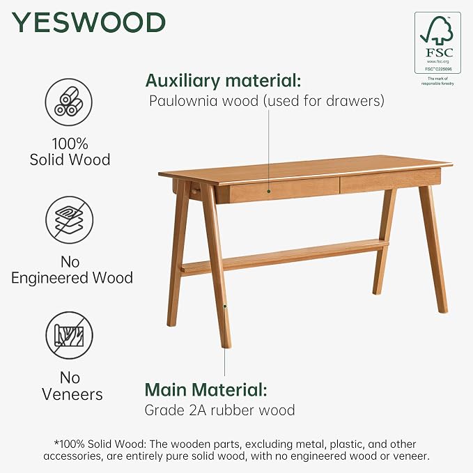 YESWOOD 100% Solid Rubber Wood Desk, Mid Century Modern Writing Computer Desk in Walnut Finish with Drawer for Home Office, Sturdy Room, Bedroom 39.37" W Natural Wood