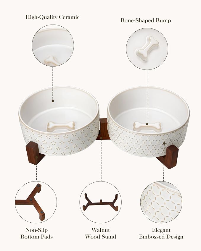 MALACASA Dog Bowl Set with Walnut Wood Stand, 6 Cups Ceramic Pet Bowls for Puppy Dogs, Dual Food and Water Bowls with Non-Slip Base, Basic Bowls for Your Dog, Five-Leaf Grass & Honeycomb