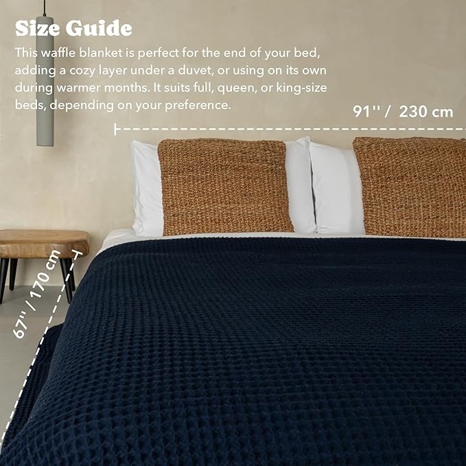 Luxury Organic Japanese Cotton Waffle Towelket Throw Blanket Bedspread for All Sleepers | Soft, Breathable and Thermoregulating (Ocean Blue, 67''x91'')