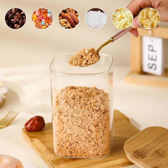 3-Pack Square Glass Containers with Bamboo Lids, 32 fl oz Candy Jars | 32 fl oz/946 ml Airtight Canister Set, Clean & Elegant Storage Jars for Candy, Coffee, Tea, Sugar, Flour, Cookies, Spices