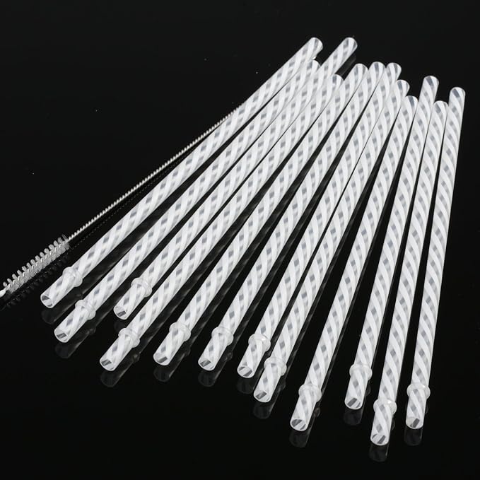 Dakoufish 12 Piece 9 Inch Reusable Plastic Thick Drinking Straws BPA Free Mason Jar Straws transparent small Stripe 6 Colors (9inch White)