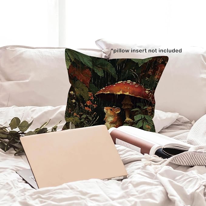 Rat Mouse Mushroom Throw Pillow Cover Gifts 18x18, Dark Academia Cottagecore Decor Pillow Cases for Bedroom Living Room, Vintage Moody Forest Decorative Square Pillowcases for Couch Bed Sofa