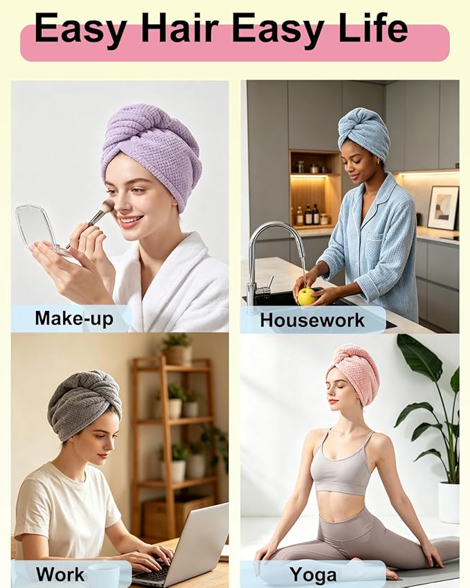 Lumimi Microfiber Hair Towel Wrap 3 Pack for Women Extra Absorbent Lightweight Turban with Button Bathroom Girl Friend Family Mom Gift(3 Colors C)