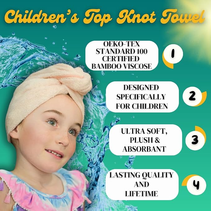 Hair Towel Wrap for Kids | 100% Bamboo Viscose |Tailored Small | Essential Hair Drying Wrap for Bath, Beach, Pool and Spa | Hair Accessory for Girls | Set of 2 | Seafoam Blue + Seashell Blush Pink
