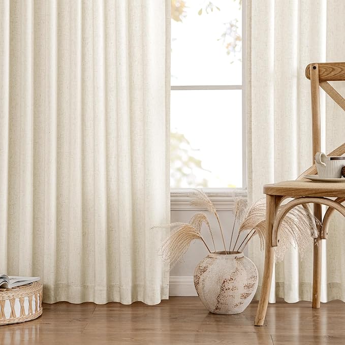 MIULEE Non-See-Through Privacy Linen Curtains 2 Panels, Light Filtering Window Curtains Farmhouse Textured Back Tab Semi Sheer Drapes for Bedroom Living Room, 52 x 90 Inches Long, Cream Ivory