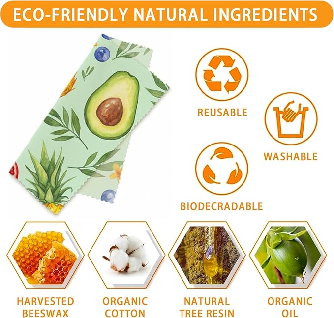 Reusable Beeswax Wrap, 9 Pack Eco-Friendly Wraps For Food, Organic, Sustainable, Biodegradable, Zero Waste, Plastic-Free Food Storage, 1XL, 3M, 5S (Mixed Fruit, Pineapple, Floral)