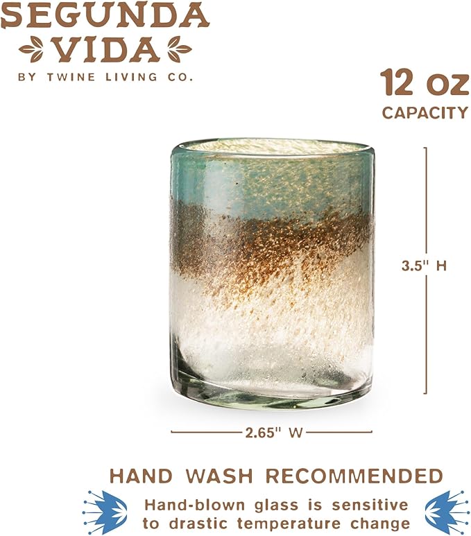 Segunda Vida Playa Bonita Hand-Blown Tumblers, Recycled Drinking Glasses, Coastal Inspired Sea Blue and Sand Design, Mexican Glassware, Decorative Drinkware for Home Bars, 10 oz, Set of 2
