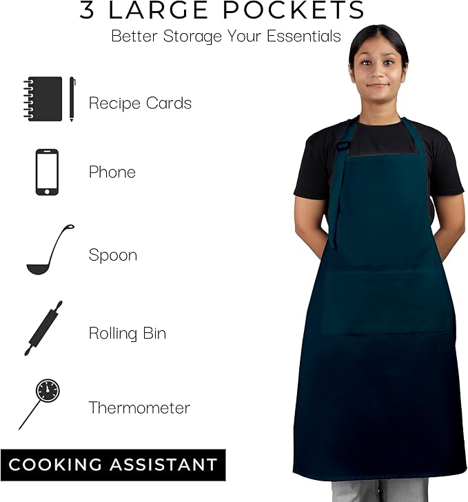 RAJRANG 100% Cotton Cooking Apron with 3 Pockets Kitchen Chef BBQ Adjustable Bib Aprons for Women Men