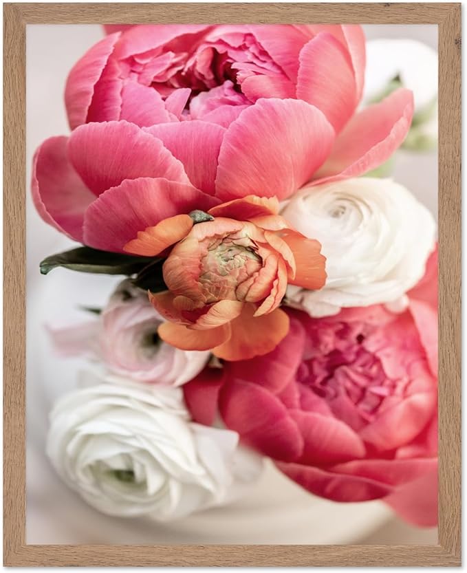 Monem Art Pink Peony Floral Macro Photography Print - Romantic Flower Art Poster - Wall Decor for Living Room, Bedroom or Office - 8x10 Beige Framed Wall Art by Mareike Bohmer