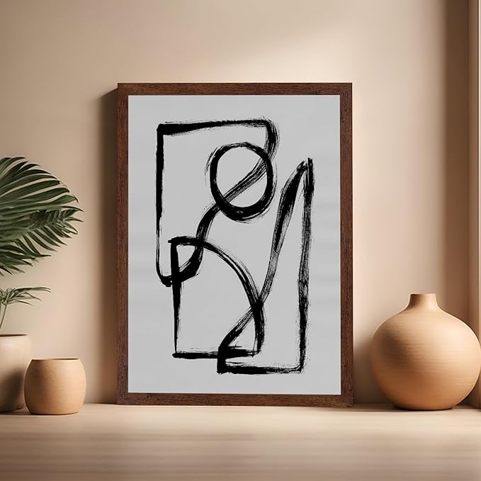 Monem Art Black and White Abstract Line Art Print - Minimalist Monochrome Brushstroke Art Poster - Wall Decor for Living Room, Bedroom or Office - 16x20 Brown Framed Wall Art by Mareike Bohmer