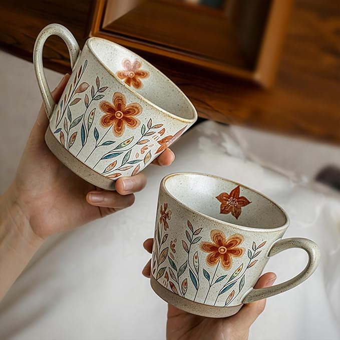 15oz Vintage Floral Ceramic Coffee Mug, Hand-Painted Lead-Free Tea Cup with Comfort Handle, Microwave & Dishwasher Safe for Home Office & Gift for Women (Orange Floral, 15, ounces)
