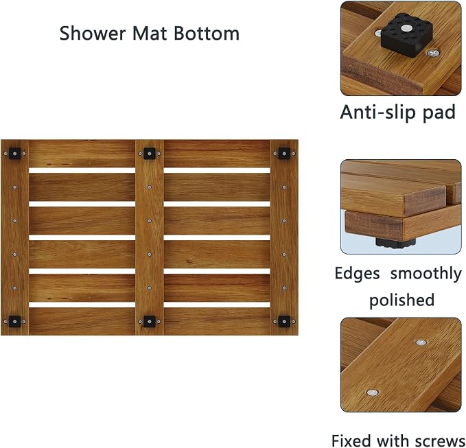 Solid Acacia Wood Shower Mat, Non Slip Bathroom Mat (19.6"×13", Small) Sturdy Floor Mat for Spa Home or Outdoor Shower, Easy to Clean, Quick Drying