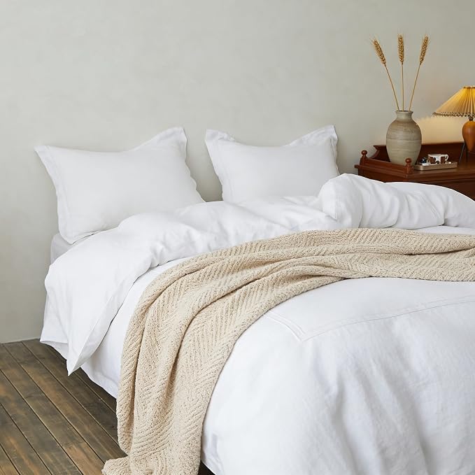 Simple&Opulence 100% Washed Linen Duvet Cover Set 78"x86" - 3 Pieces Soft Farmhouse Comforter Cover Set Double Embroidered with Button Closure - 1 Duvet Cover and 2 Pillowshams (White, Full)