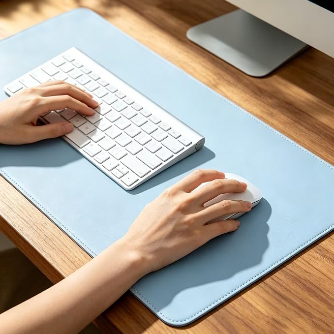 Leather Office Desk Pad Protector, Large Mouse Mat, Non-Slip, PU Leather, Laptop Desktop Blotter, Waterproof Writing Surface for Work and Home, Blue, 15.5" x 53"