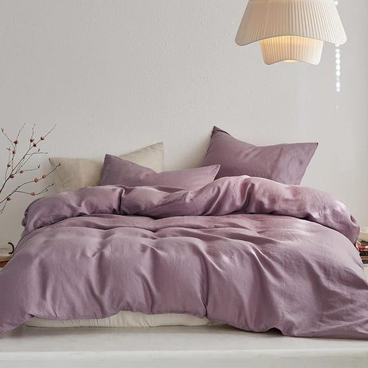 TOSMO Linen Duvet Cover Set, 100% French Flax Natural Linen Bedding 3pcs Set, Soft Breathable for Hot Sleepers 1 Duvet Cover and 2 Pillowcases (Light Lilac, Queen)
