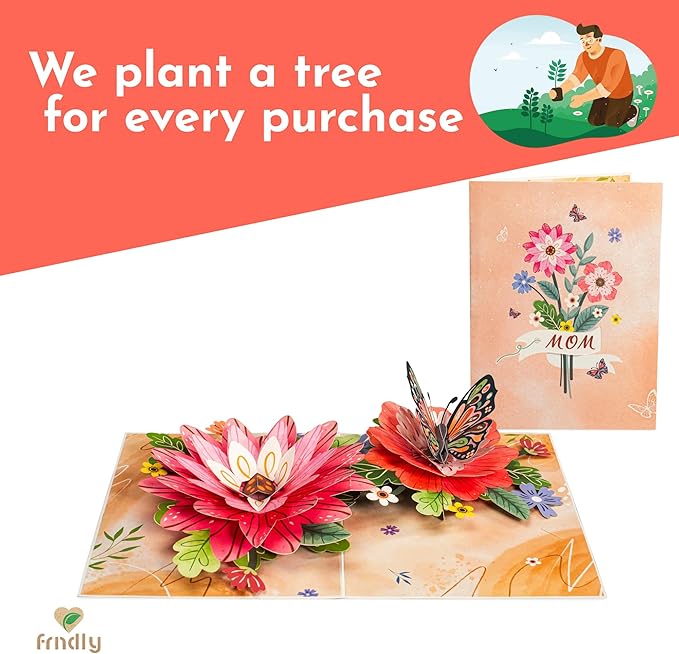 Frndly by Paper Love 3D Bloom and Butterfly Pop Up Card, Gift for Birthday, Wedding, Anniversary, Thank You, Get Well, Valentine’s Day, Mother’s Day & All Occasions, 100% Recycled & Eco-Friendly, 8" x 6" Cover, Includes Envelope and Note Tag