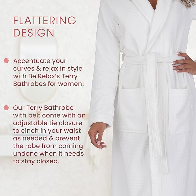 Be Relax Bathrobe for Women - Full Length Terry Cotton Robe with Shawl Collar and Hood, Warm and Cozy Robe with Belt & Pocket