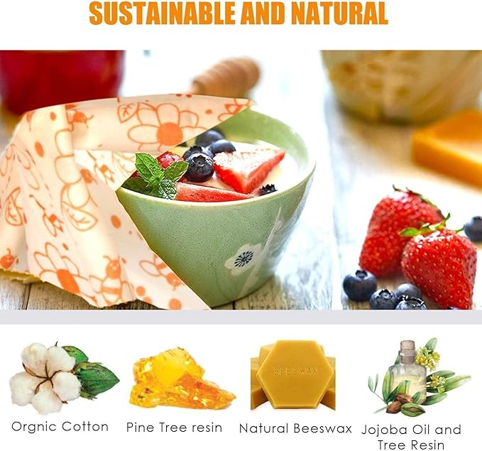 Beeswax Food Wrap (Set of 7) Sustainable Alternative to Aluminum Foil and Albal Paper - For Fruits, Vegetables, Bread, Cheese and Other Foods