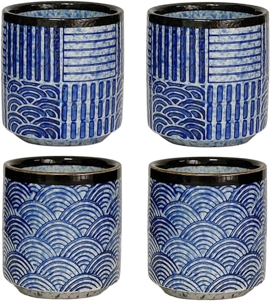 Ceramic Teacups Set of 4, Asian Chinese Japanese Modern Cup Set, No Handle Tea Mugs for Espresso Cappuccino Coffee Milk Wine Sake Cup 6.42oz (Blue)