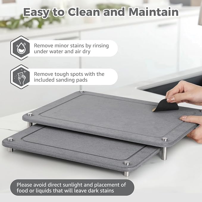2 Pcs Stone Dish Drying Mats, Nesting Quick Drying Diatomaceous Earth Mats, Self-Absorbent Dish Mats with Non-Slip Feet & Sanding Tools, Stone Dish Racks for Kitchen Counter