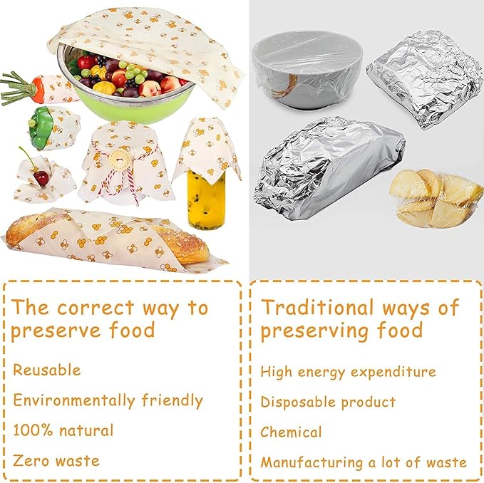 Beeswax Food Wrap (Set of 7) Sustainable Alternative to Aluminum Foil and Albal Paper - For Fruits, Vegetables, Bread, Cheese and Other Foods