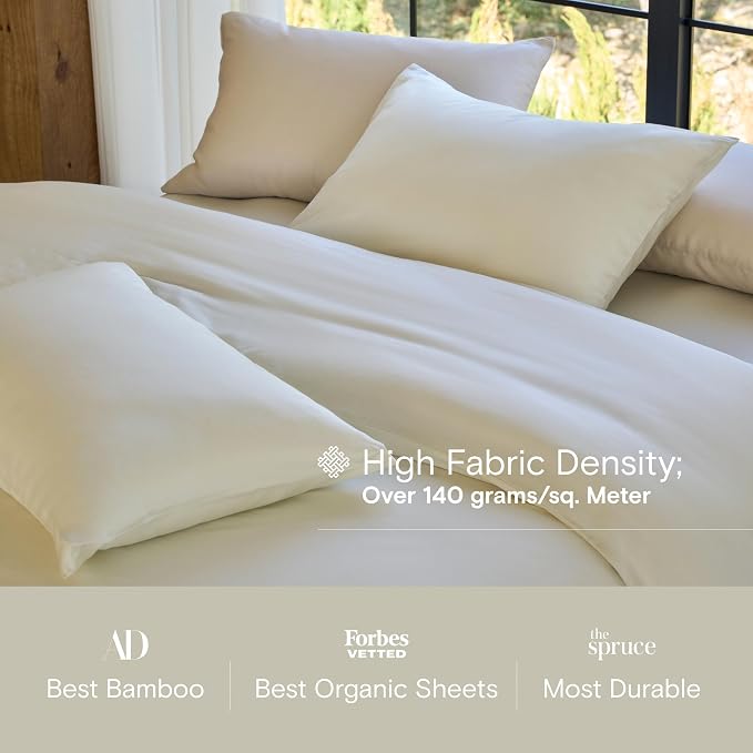 DOZ Sheet Set, 100% Viscose derived from Bamboo, Organically Grown, Buttery Soft, Cooling Sheets, High GSM, Deep Pockets - 3 Piece - 2 Pillowcases 1 Fitted Sheet (Ivory, King)