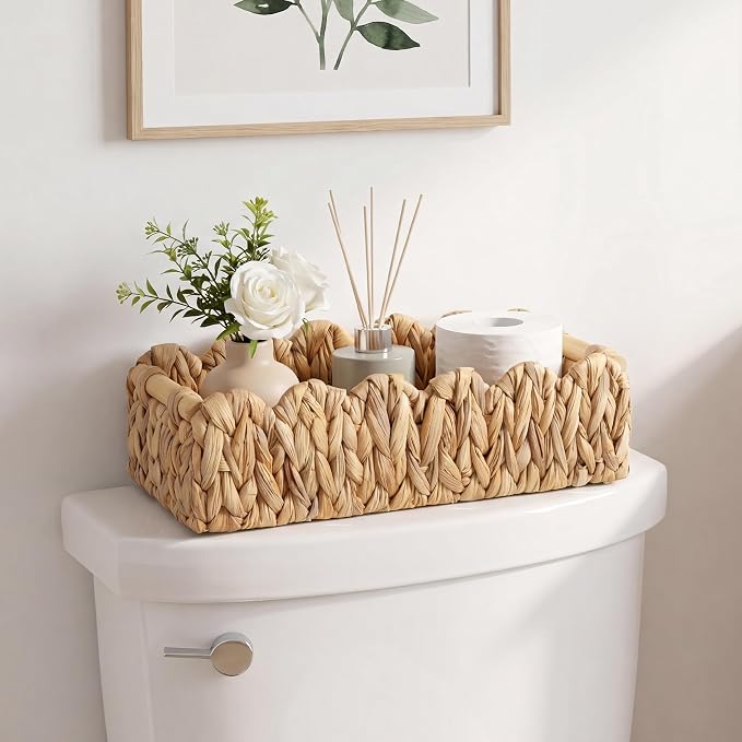 StorageWorks Toilet Paper Storage Basket, Living Room Organizers and Storage, Toilet Paper Basket with Wooden Handles, Small Water Hyacinth Scalloped Basket, Natural
