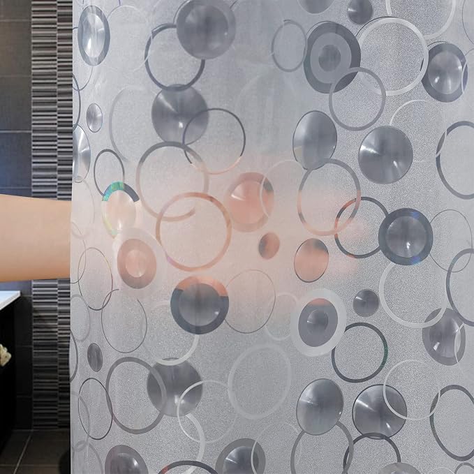 AooHome Plastic 66 inch Short Shower Curtain Liner - EVA 3D Circle Pattern Design Bathroom Shower Curtain with Hooks, 5 Bottom Magnets, 10G Heavy Duty, Water Repellent, Semi Transparent, 72x66 Inch