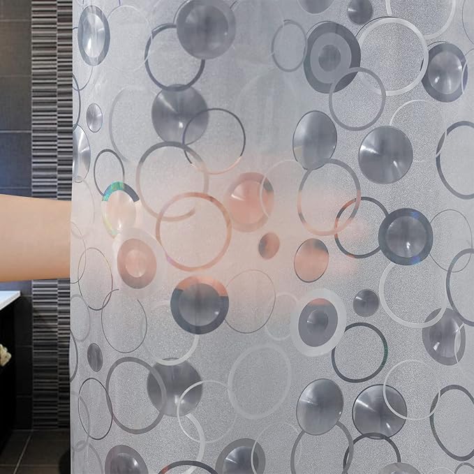 AooHome Plastic 60 inch Short Shower Curtain Liner - EVA 3D Circle Pattern Design Bathroom Shower Curtain with Hooks, 5 Bottom Magnets, 10G Heavy Duty, Water Repellent, Semi Transparent, 72x60 Inch