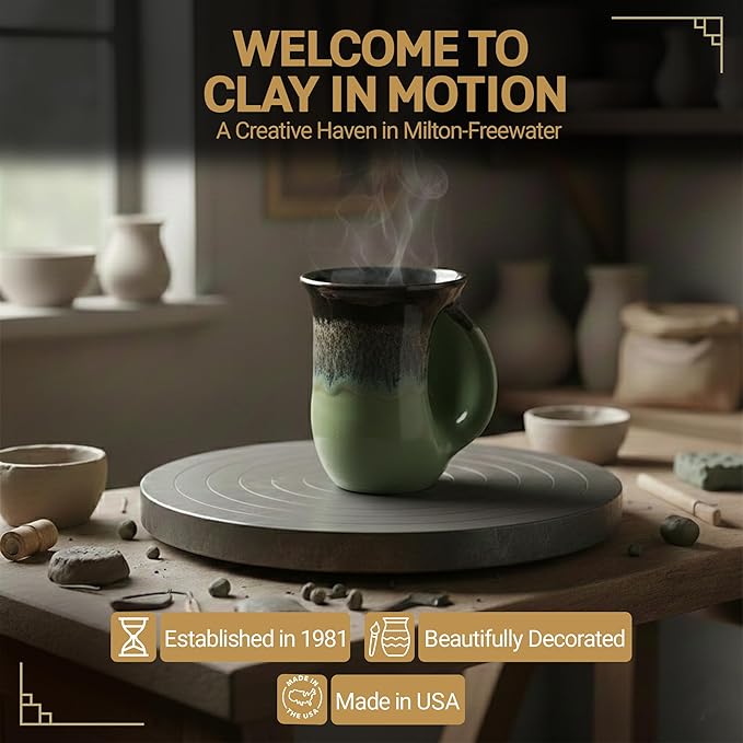 Clay in Motion Hand Warmer Coffee Mug – Handmade Coffee Mug With Comfortable Handle Contoured Pocket Hand Warming Ceramic Coffee Mug – Proudly Made in USA – Right Handed – 14 Oz - Midnight Prairie