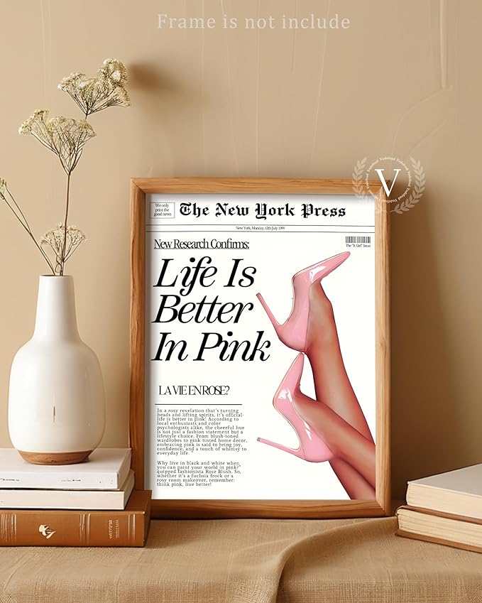 Vodefoad Trendy Newspaper Wall Art Prints Life Is Better In Pink Poster Pink Prints For Room Disco Poster for Teen Girly Bedroom Apartment, Bar Cart decor -8x10 Unframed