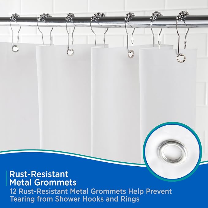 Kenney KN61450 Heavyweight 8 Gauge Waterproof PEVA Shower Curtain Liner with Rust-Resistant Metal Grommets and Weighted Magnetic Hem for Bathroom, 70" W x 72" H, White