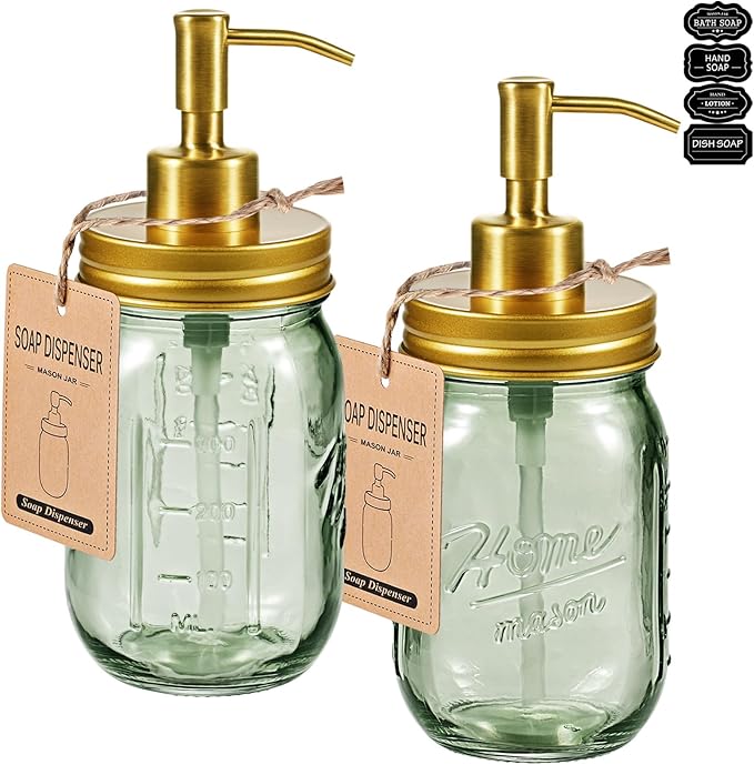 SheeChung Mason Jar Green Glass Soap Dispenser, Stainless Steel Pump, Refillable Dish soap Dispenser for Kitchen, 16Oz Bathroom Hand Soap Dispenser for Lotion, Liquid, Farmhouse Decor-Gold, 2 Pack