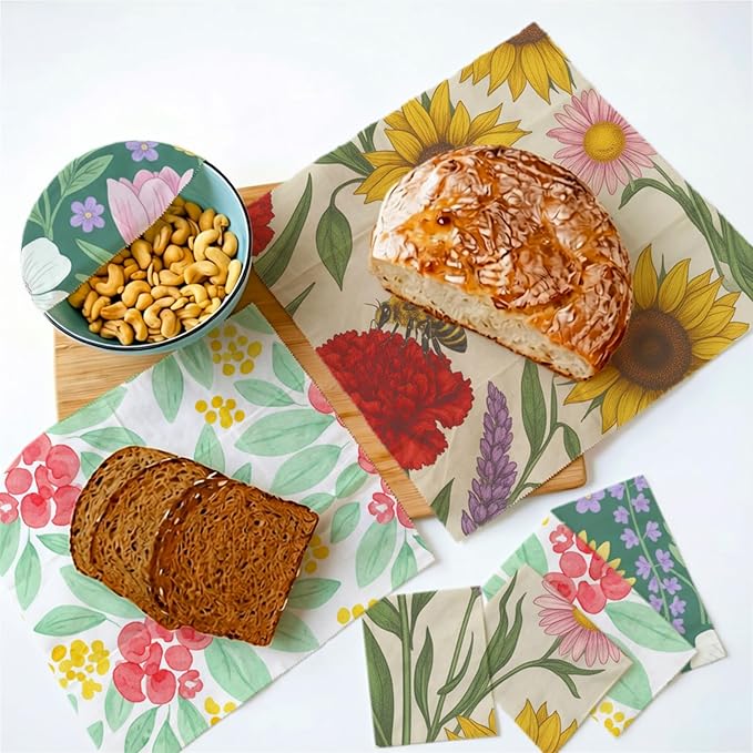 Reusable Beeswax Wraps, 9 Pack Eco-Friendly Food Storage, Organic, Sustainable, Zero Waste, Plastic-Free, Sandwich, Bowl, Bread, Fruit, 1XL, 3M, 5S, Mixed Garden Flowers Pattern