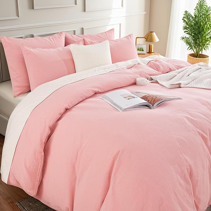 NEXHOME PRO Duvet Cover Twin 100% Washed Cotton, Organic Natural Linen Like Textured, Breathable, Durable, Home Bedding Set, Heathered Pink 6890