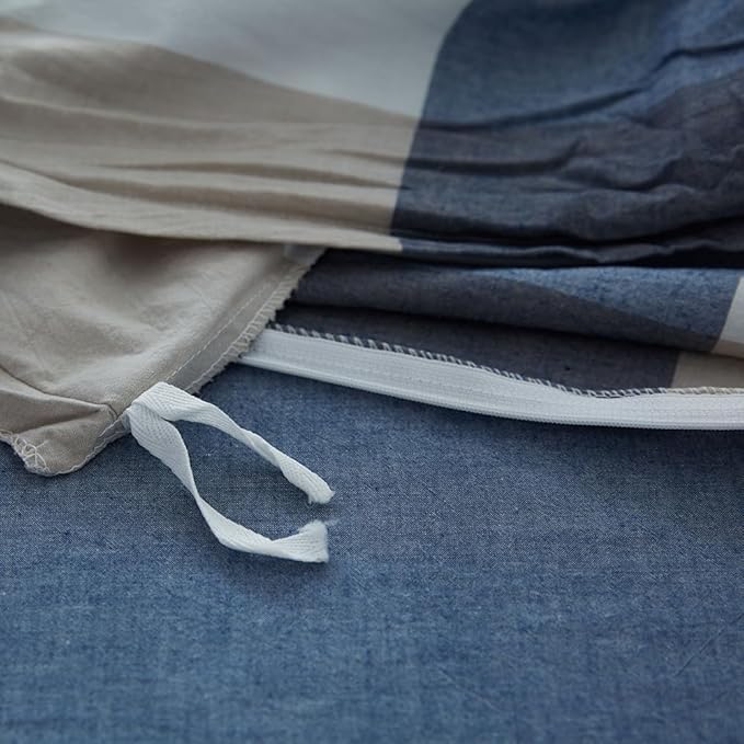 FACE TWO FACE Bedding Duvet Cover Set100% Washed Cotton Duvet Cover Linen Like Textured Breathable Durable Soft Comfy (King, Blue and White Grid)