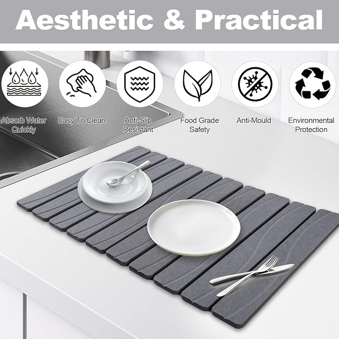 Stone Drying Mat for Kitchen Counter, 24"x16" Large Diatomaceous Earth Stone Dish Drying Mat, Fast Absorbing Foldable Quick Dry Stone Sink Mat for Dishes, Pans & Kitchen Utensils (Gray)