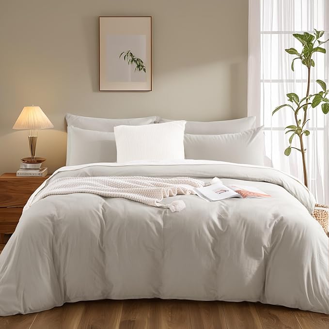 NEXHOME PRO Duvet Cover King Size, 100% Washed Cotton Orgnic Linen Like Textured Breathable Durable Comfy, Cream Grey