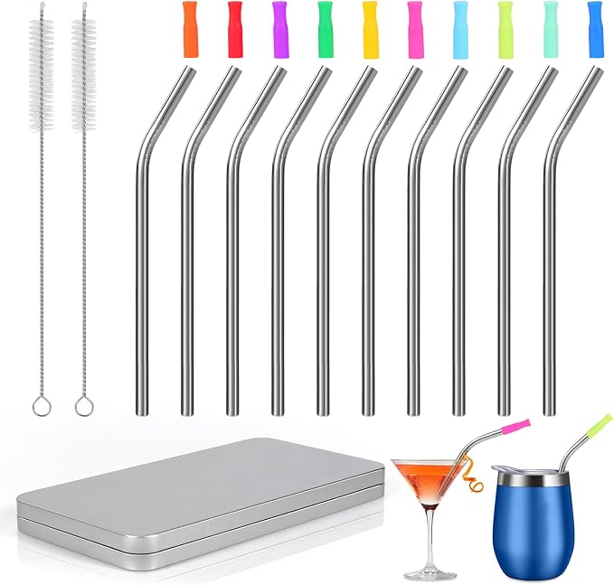 [10 Pcs] 6 Inch Reusable Metal Straws - 18/8 Stainless Steel Bendy Straw for Cocktail Coffee, Package with 10 Colors Silicone Tips and Metal Case, Short Straws for Cocktail Glasses and Coffee Mugs