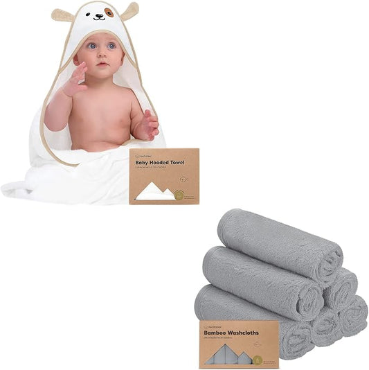 KeaBabies Bamboo Viscose Baby Hooded Towel & 6-Pack Washcloths - Large, Soft, Organic, 35" x 35"