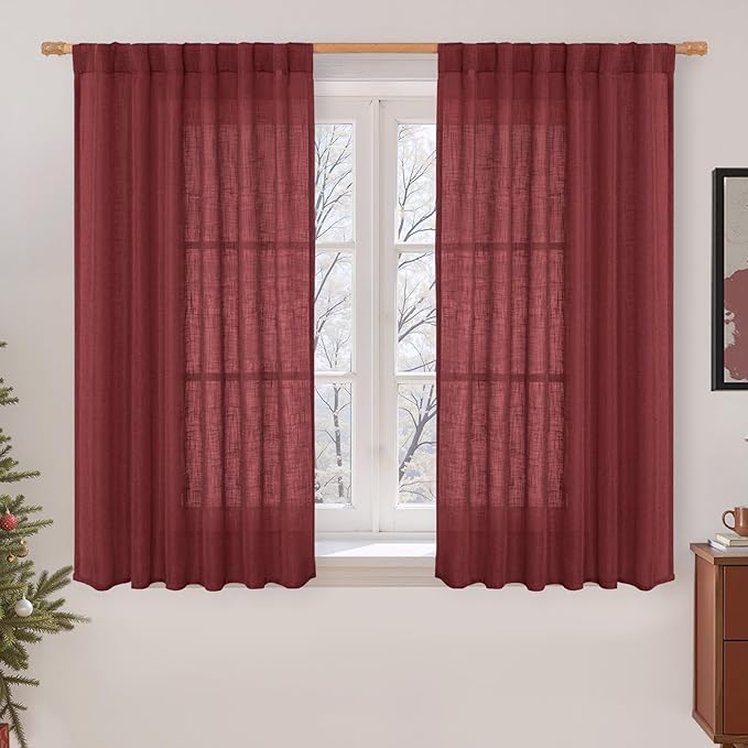LAMIT Burgundy Red Linen Curtains 54 Inch Length 2 Panels, Light Filtering Panels Back Tab and Rod Pocket Christmas Decor Drapes for Bathroom/Window/Bedroom, 52 x 54 Inch