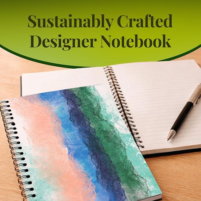 Large Spiral Bound Recycled Notebook, Watercolor Design, 11" x 9", 70 Sheets, Double-Wire, College Ruled, Vegan, Made in USA