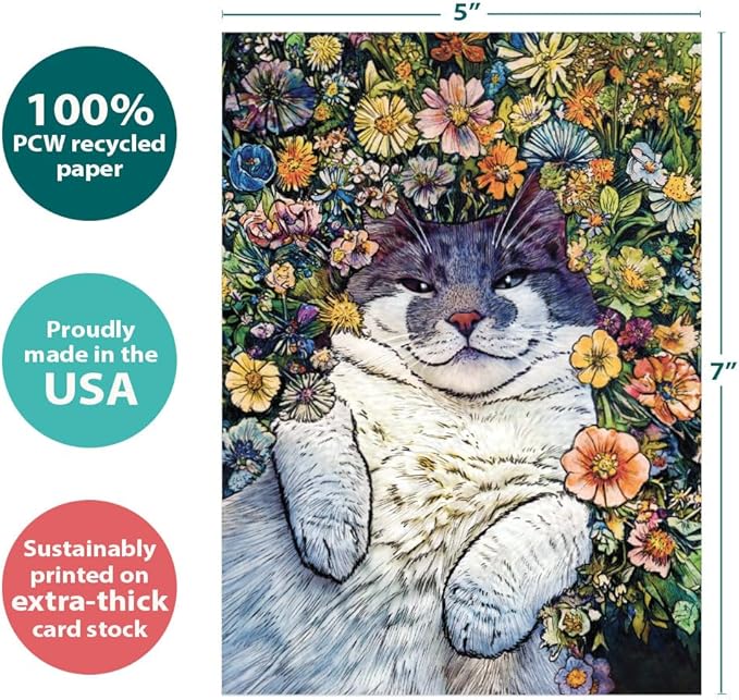 Tree-Free Greetings Flower Cat Birthday Card - 1 Recycled 5x7 Card & Matching Envelope, Thick Cardstock, Made in USA - Vibrant Feline Serenity