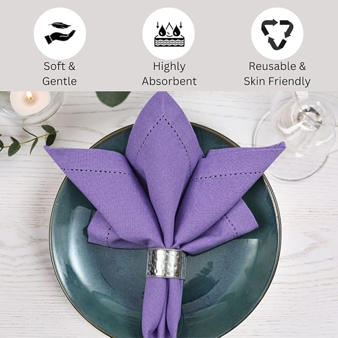 Hemstitch Dinner Napkins 100% Cotton Set of 6 - for Dining Weddings Parties Holidays Easter Everyday Use - Soft Durable Washable Table Napkins - 18x18 Inch Cloth Napkins Lavender