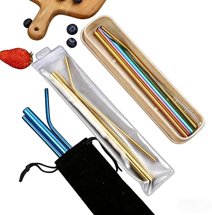 304 Stainless Steel Blue Reusable Straw Set (10 Inch), Titanium Plated Metal Straws with Wheat Case & Cleaning Brush, 2 Straight & 1 Bent Straws for Iced Coffee, Smoothies & Bubble Tea