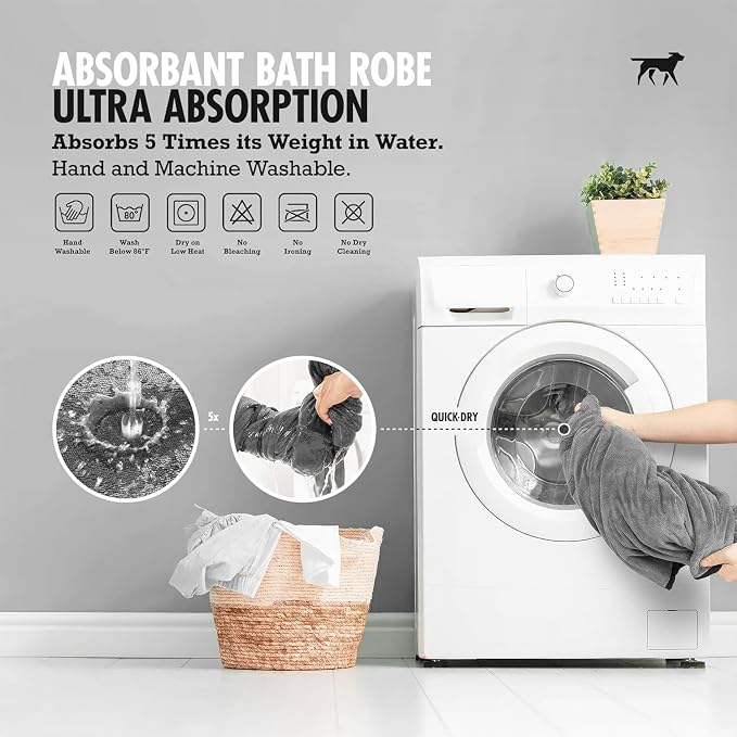 Tuff Pupper Fast Drying Dog Bath Robe | 800 GSM Plush Dog Towel Bathrobe/Dressing Gown | Super Absorbent Pet/Puppy Bathrobe | Adjustable Hood & Belly Strap | Super Soft | Fast Drying (Giant, Gray)