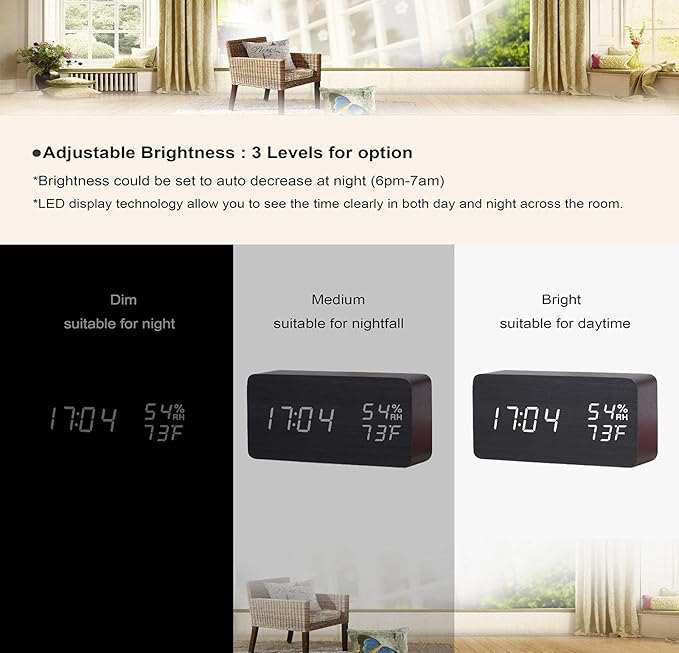 Wooden Digital Alarm Clock Modern Wood Snooze Clock Electronic Desk Clock LED Display Time Temperature Humidity Voice Control 3 Alarms 3 Brightness for Home Kids Bedroom Office Raercodia (Black,White)