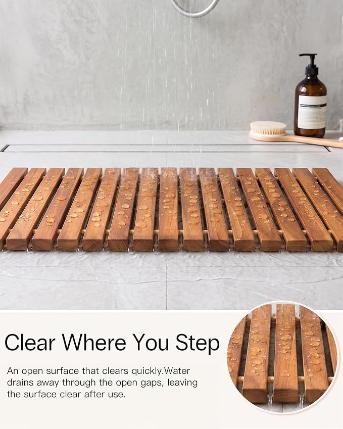 StrongTek Roll Up Teak Bath Mat, Pre-Oiled Wooden Shower Mat with Non-Slip Pads, Teak String Mat for Bathroom, Spa Floor Mat for Tub, Shower & Entry, 35.4 x 19 in