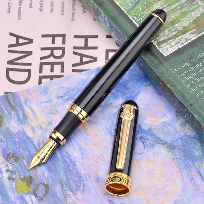 Lanxivi Duke D2 Fountain Pen Black Gold Trim Fine Nib with Additional Fude Nib (Bent Nib) and Converter Calligraphy Art Pen Set
